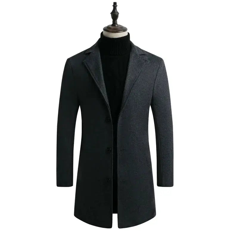 Men's long wool-blend coat by Simples Market in charcoal gray, slim fit for business casual