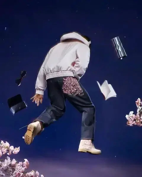 Vintage low-waist baggy jeans with cherry blossom embroidery, wide-leg denim