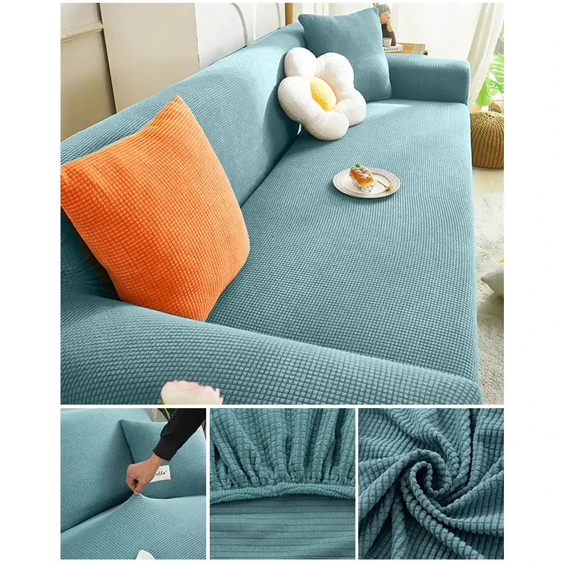 Elastic jacquard sofa cover for L-shaped sectional couch by Simples Market in teal blue.