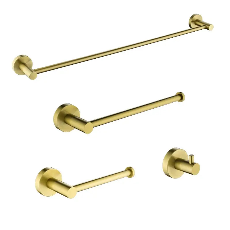 Brushed gold bathroom hardware set with wall-mounted towel bar, paper holder, and robe hook