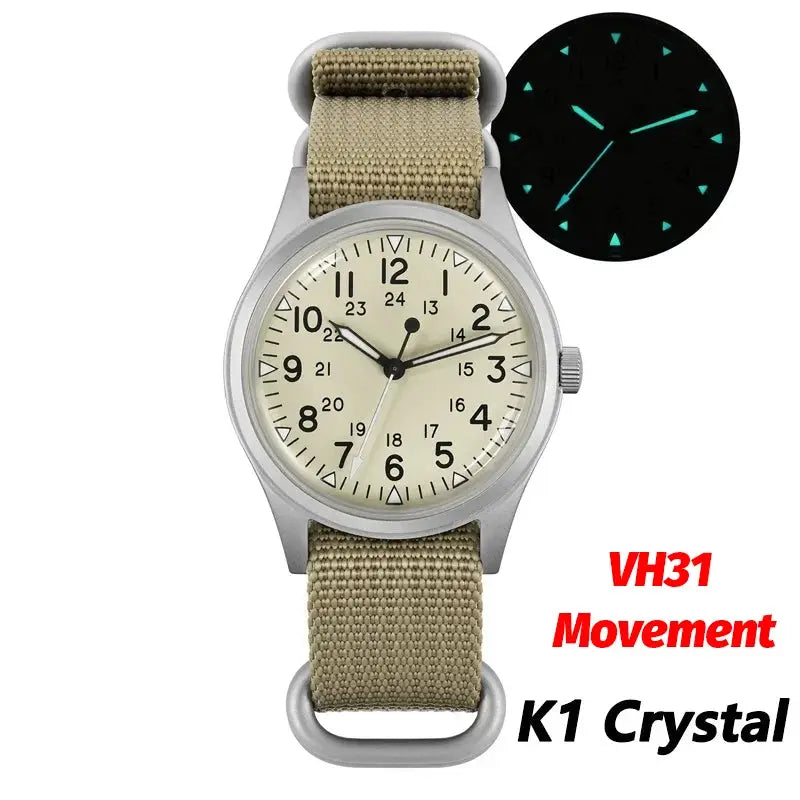 Militado ML07 quartz military watch with khaki nylon strap and beige dial with luminous hands