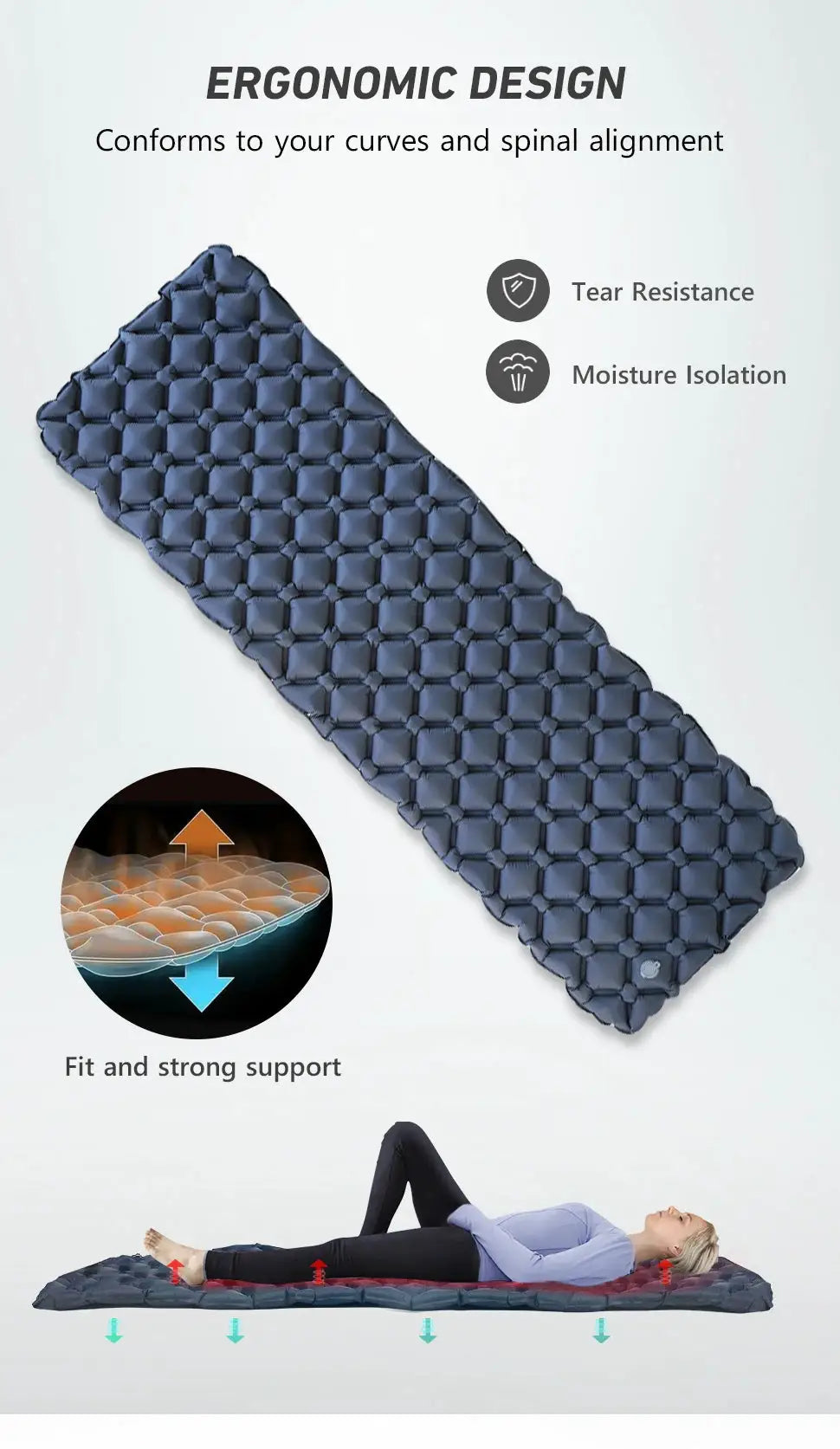 WESTTUNE camping sleeping pad dark blue ultralight inflatable mattress for travel and hiking.