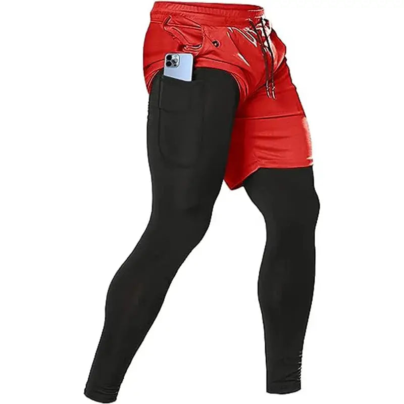 Men's 2-in-1 sport pants with black compression leggings under red athletic shorts