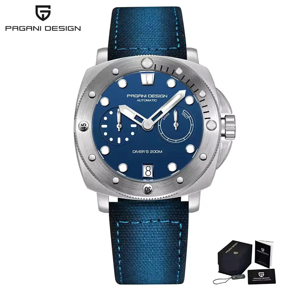 PAGANI DESIGN men's blue dial diver's watch with stainless steel case and blue strap, 200m water resistant