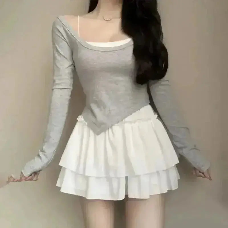 Summer Kawaii mini A-line skirt set: two-piece outfit with grey long-sleeve top and white layered ruffle mini skirt, Simples Market