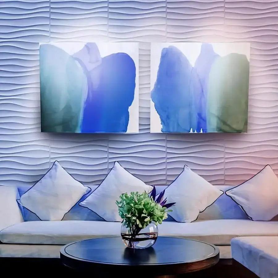 3D textured wall panels 12pc/20pc set, 30x30cm, Simples Market, displayed on a wavy white living room wall