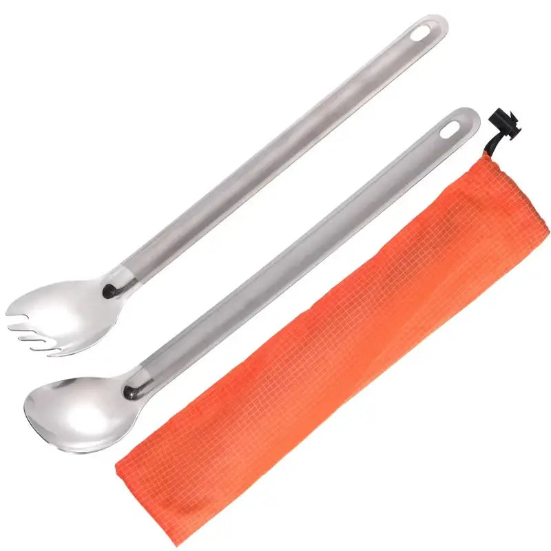 Tiartisan titanium long-handle spork and spoon set of two with orange pouch by Simples Market