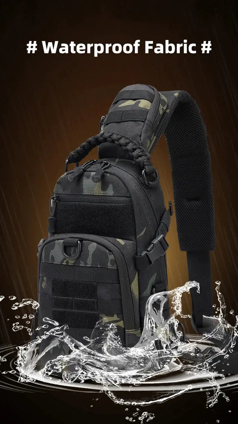 Simples Market tactical chest bag in camo with MOLLE sling system for camping, hiking and outdoor sports.