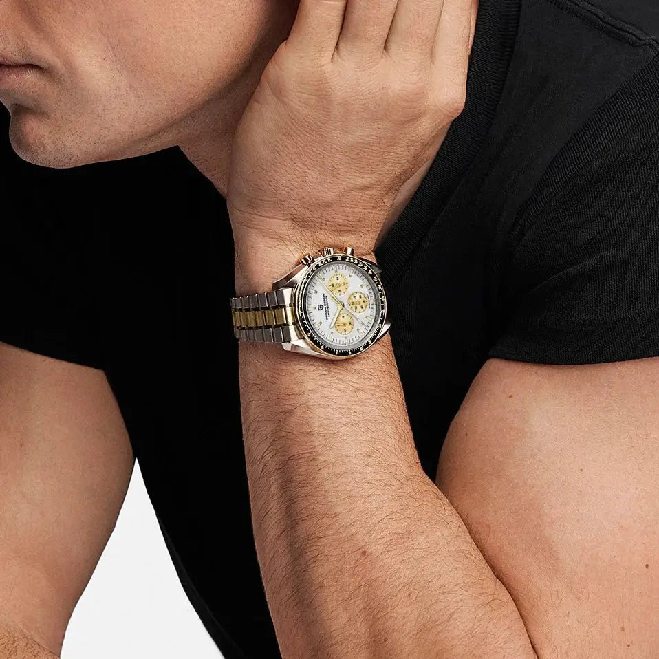 PAGANI DESIGN men's luxury two-tone chronograph wristwatch with white dial, gold subdials, stainless steel bracelet