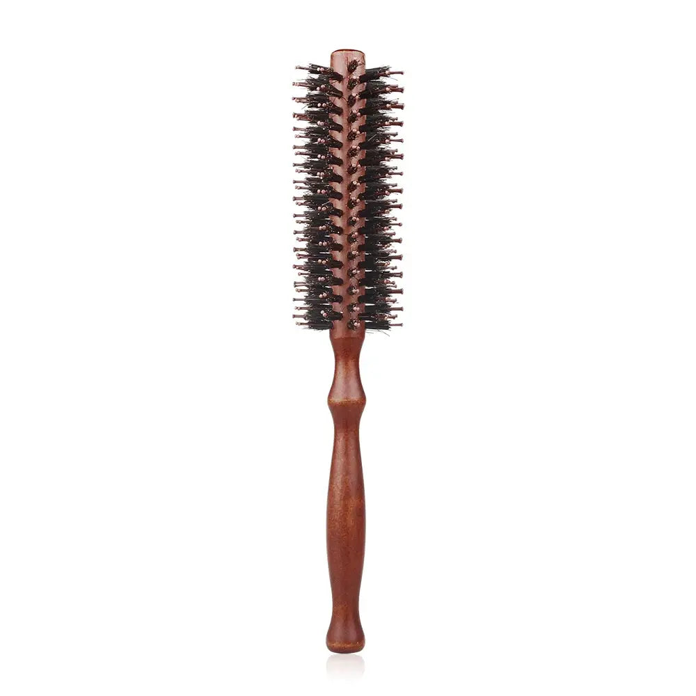 Wooden-handle round hair brush with boar bristles, brown barrel, ideal for hairdressing and curling