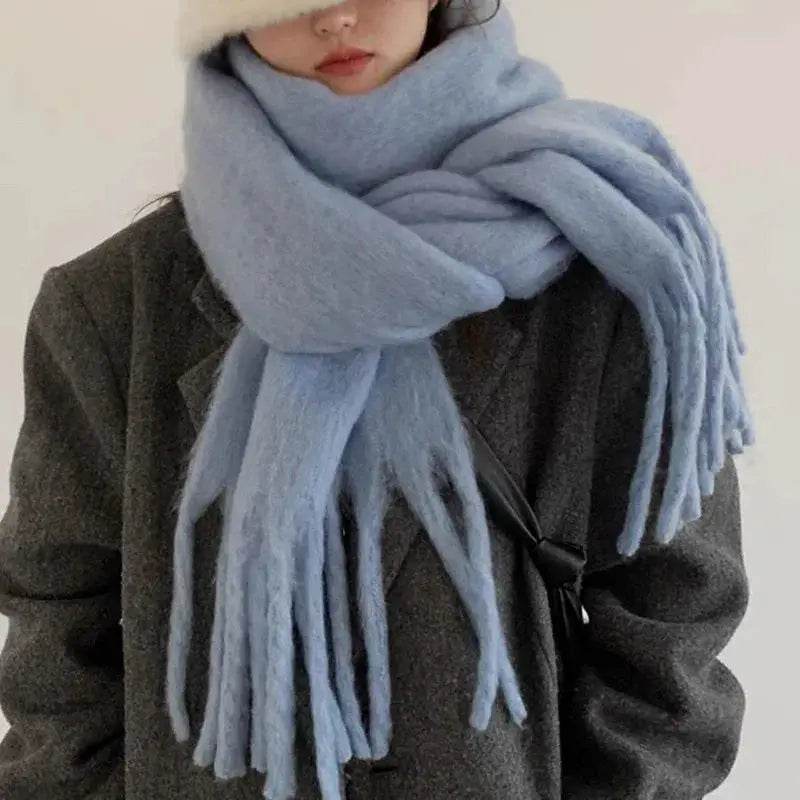 LuxeWeave Women Soft Winter Scarf Solid Color Long Tassel Wrap Thick Mohair Blend For Ultimate Warmth