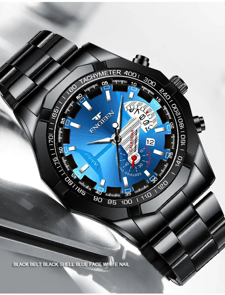 BINBOND original quartz men's wristwatch, blue dial, black stainless steel band, tachymeter bezel, date window