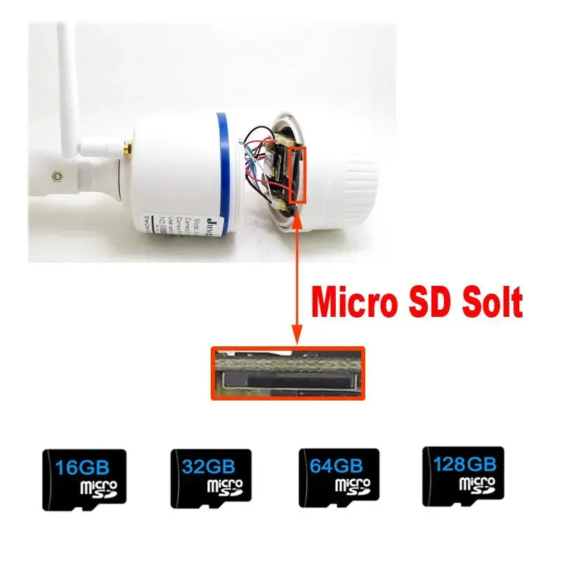 Camhipro outdoor IP camera with exposed internals and microSD slot; supports 16–128GB microSD cards