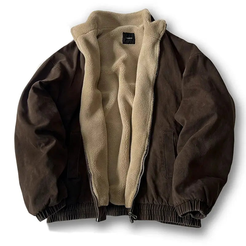 Men's Japanese vintage polar fleece jacket, brown outer with tan sherpa lining, Simples Market