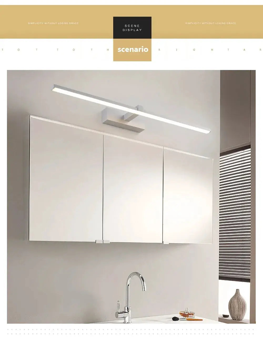 LED bathroom wall light bar by Simples Market, white waterproof flat lamp above a white mirrored cabinet