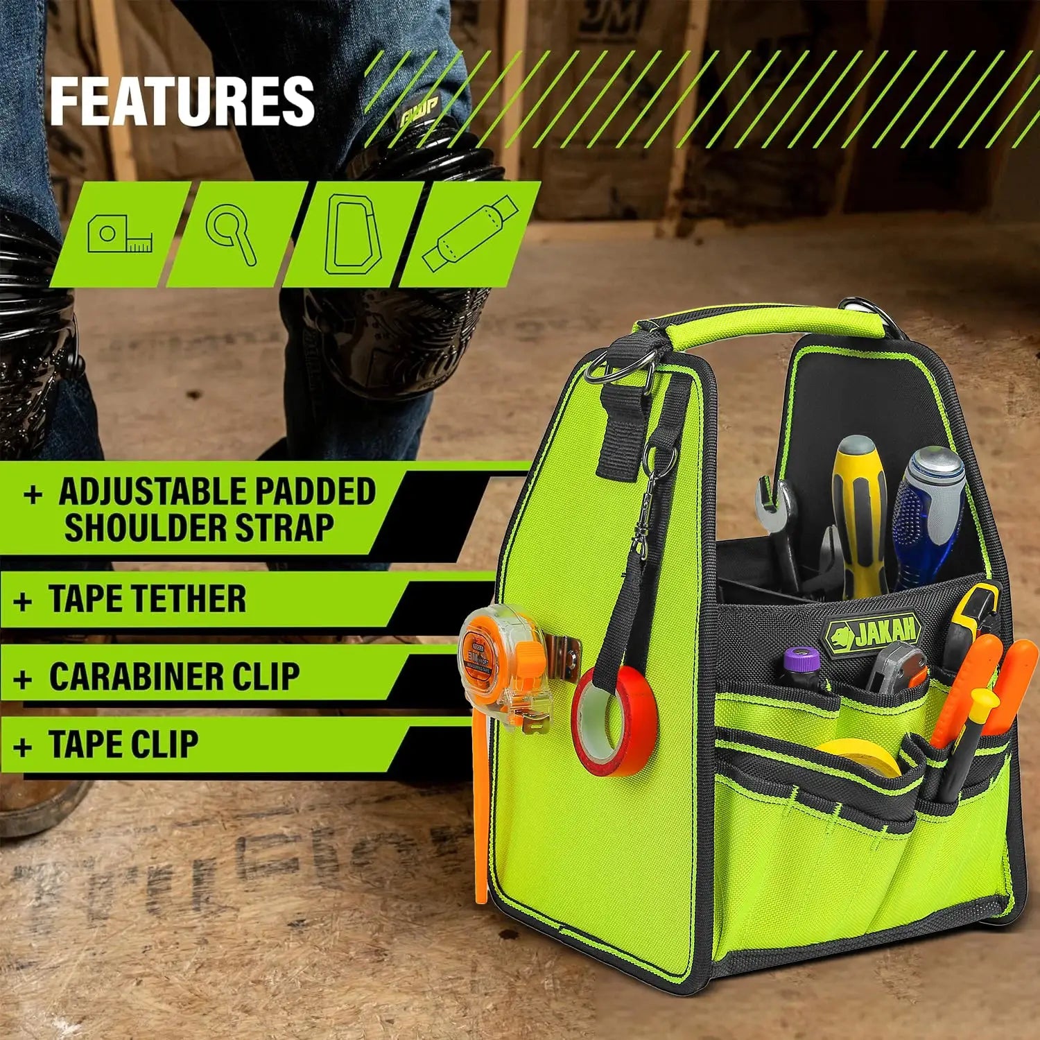 Tool tote with 35 pockets and loops, neon green and black, water-resistant, Jakah brand