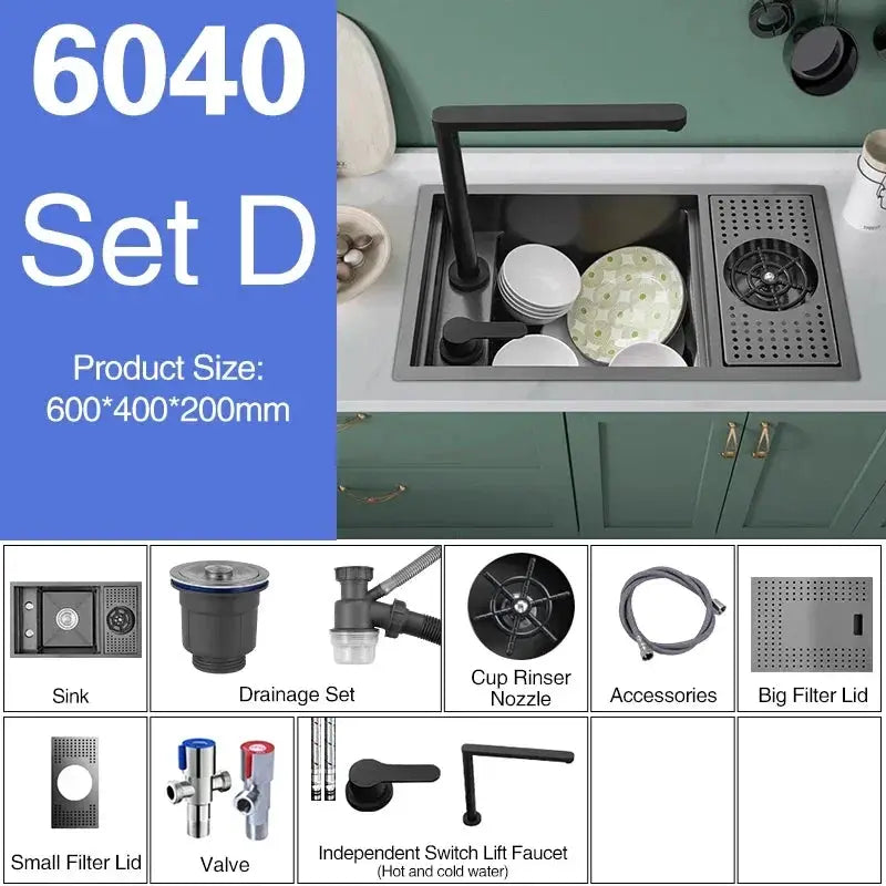 ASRAS Nano black kitchen sink set D, single-bowl with hidden bar counter cover and lifting faucet.