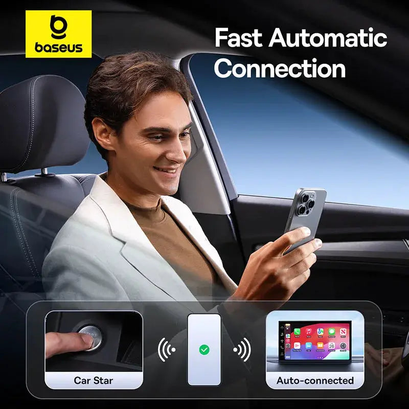 Baseus wireless CarPlay adapter in a car; Simples Market brand with auto-connect smartphone setup