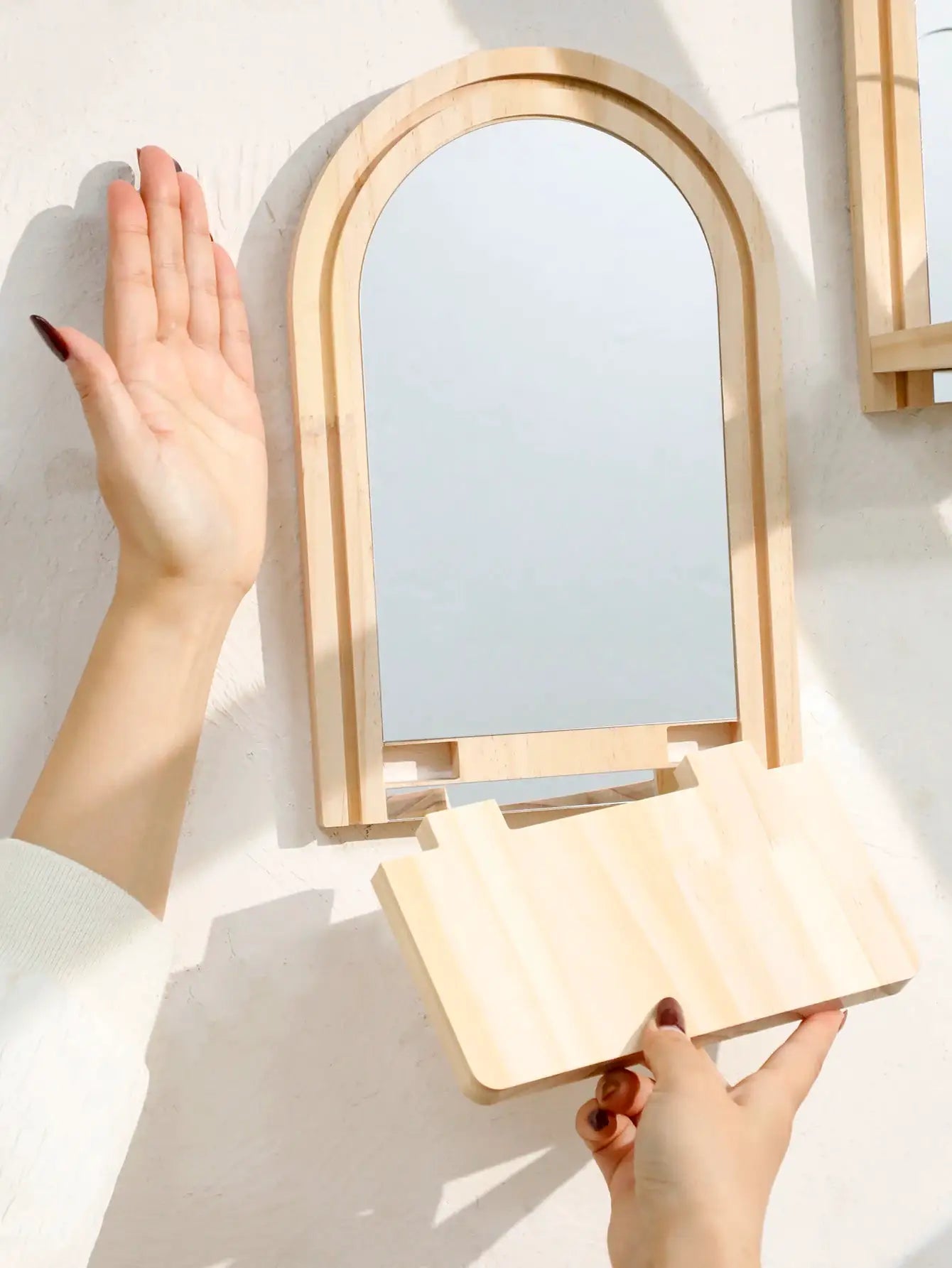 Boho wooden wall shelf with arched mirror in natural wood finish