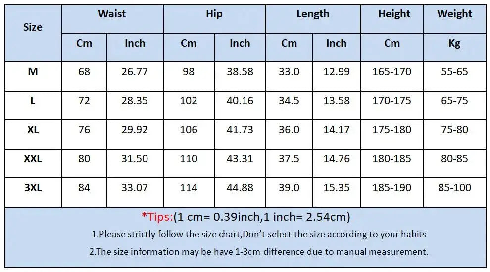 Men's printed shorts size chart with waist, hip, and length data for M–3XL sizes