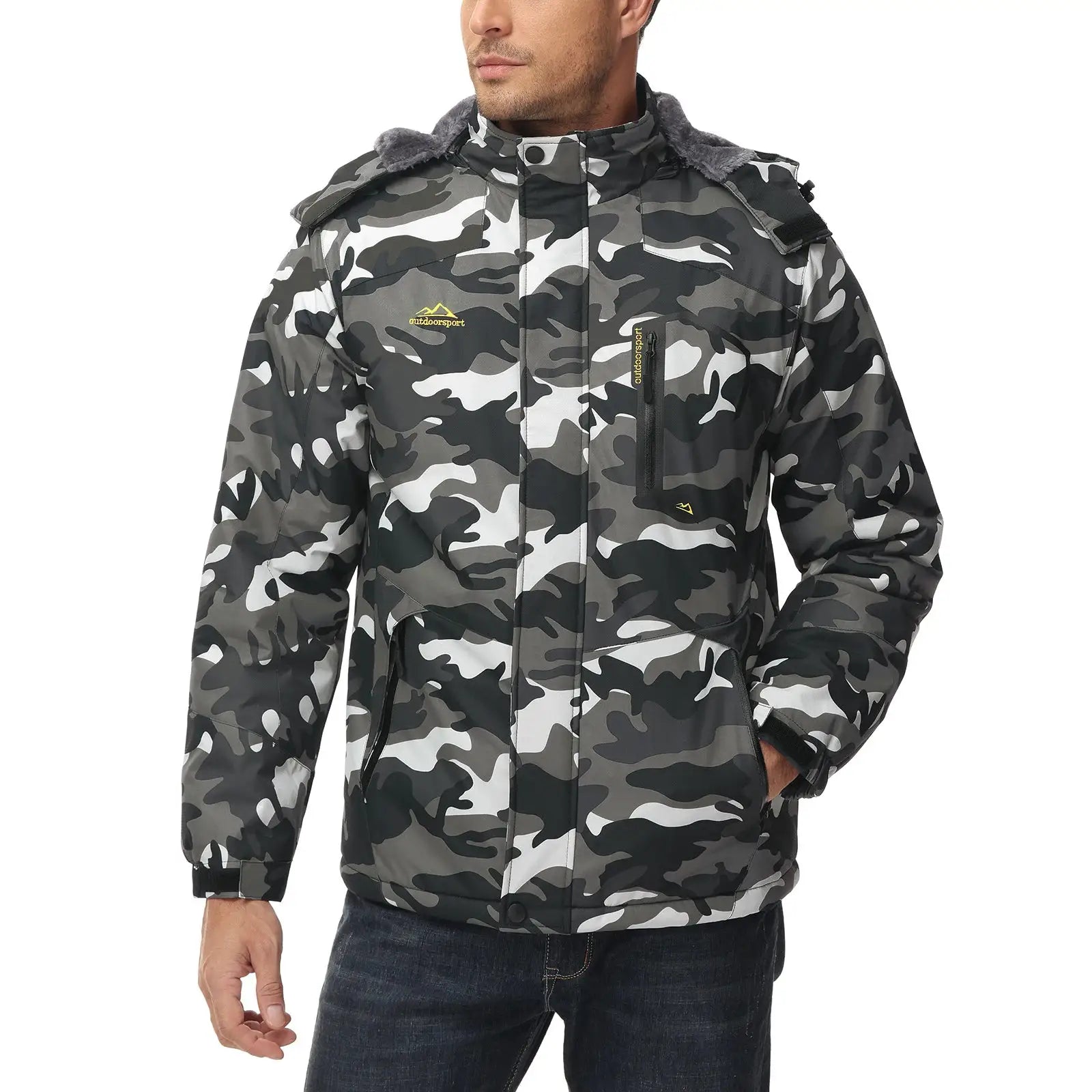 KEFITEVD men's camouflage winter jacket, waterproof and warm with fleece lining and faux fur collar, outdoorsport