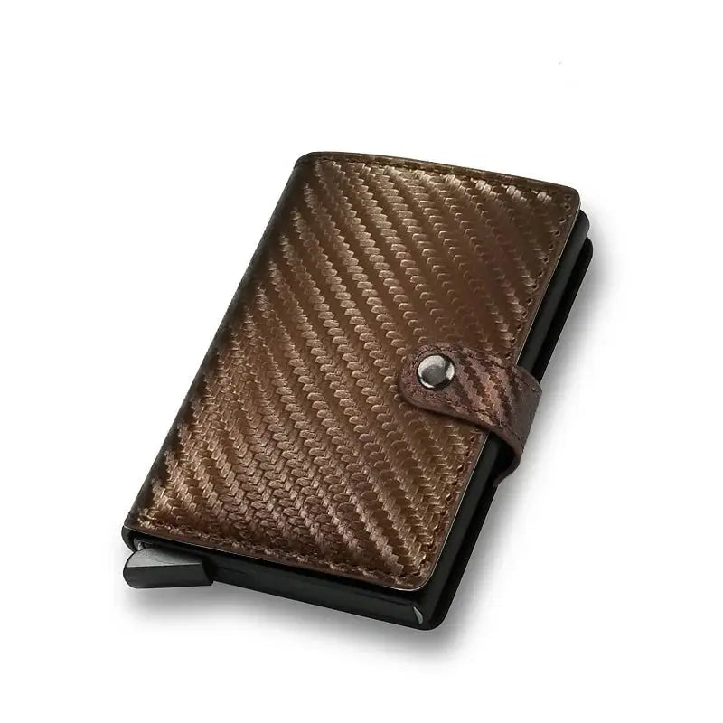 Card holder wallet with brown carbon-fiber textured cover and snap strap