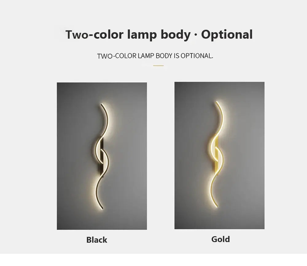 Modern LED wall lamp with long strip design available in black and gold finishes