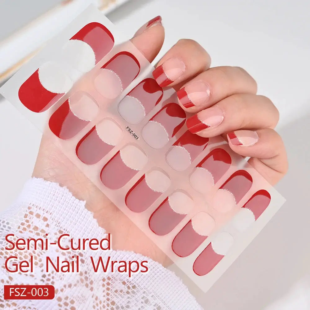 Semi-Cured gel nail wraps for French manicure with red tips and glitter on a clear sheet