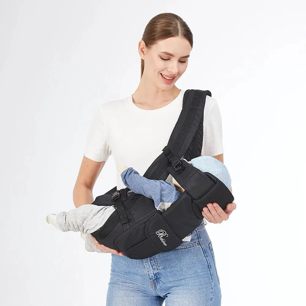 Mom using an ergonomic baby carrier backpack to comfortably hold her baby while enjoying hands-free activities.