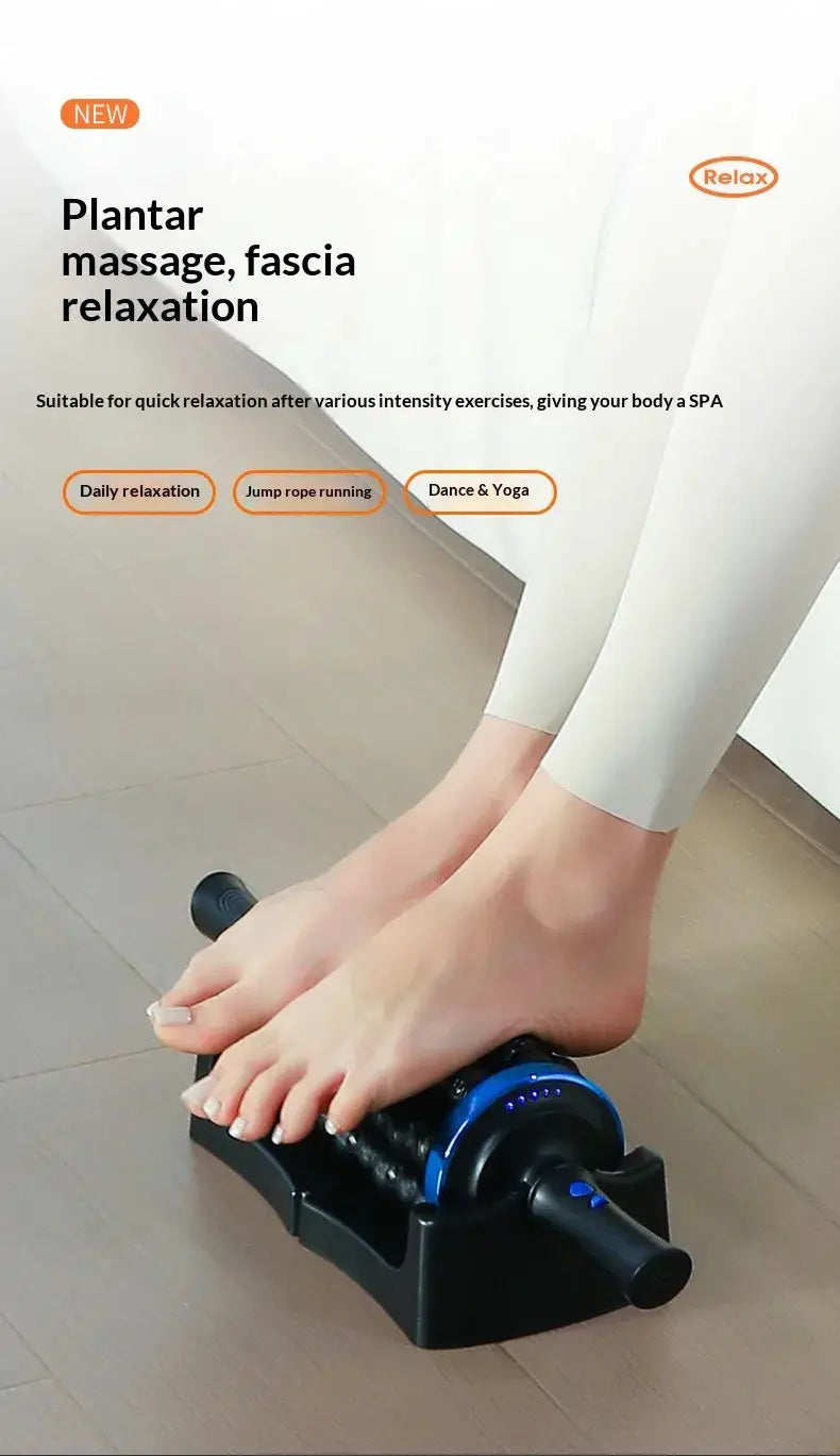 Rechargeable rolling percussion massager with base; blue and black Simples Market massager with 72 massage points