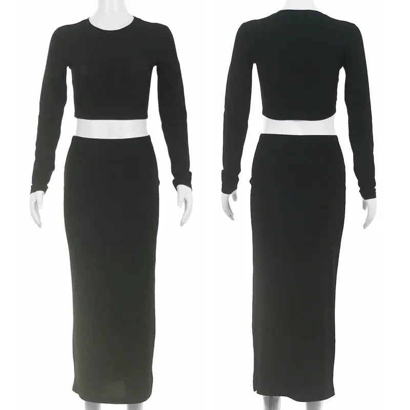 Womens Long Sleeve Crop Top And Mid Calf Skirt Suit 2 Piece Set