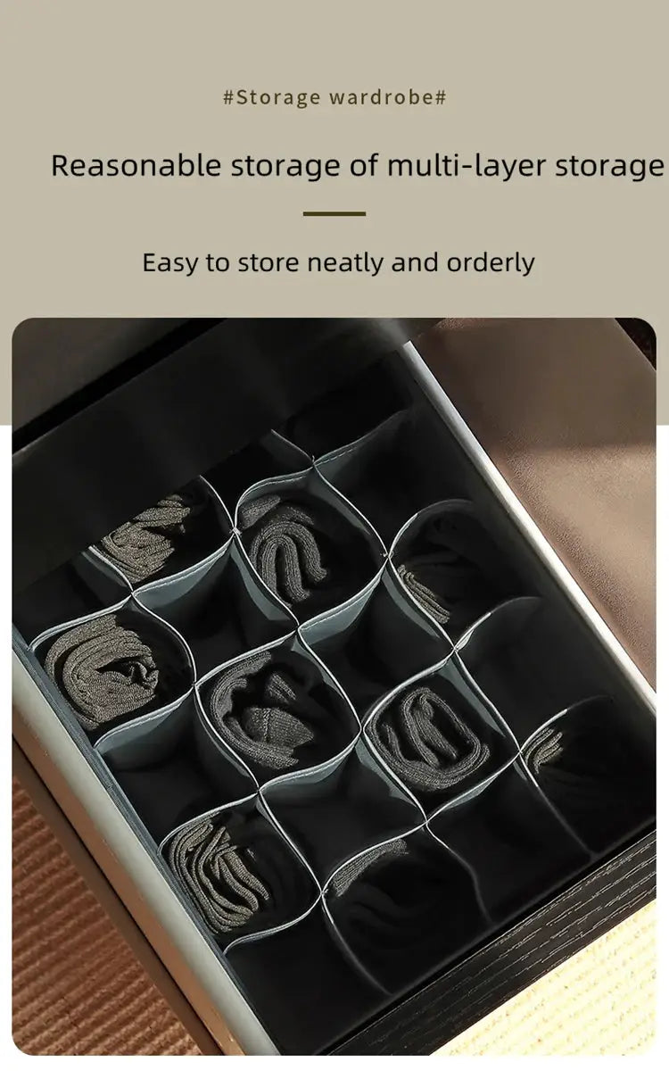 Socks underwear organizer storage box with 12 gray fabric compartments for rolled socks