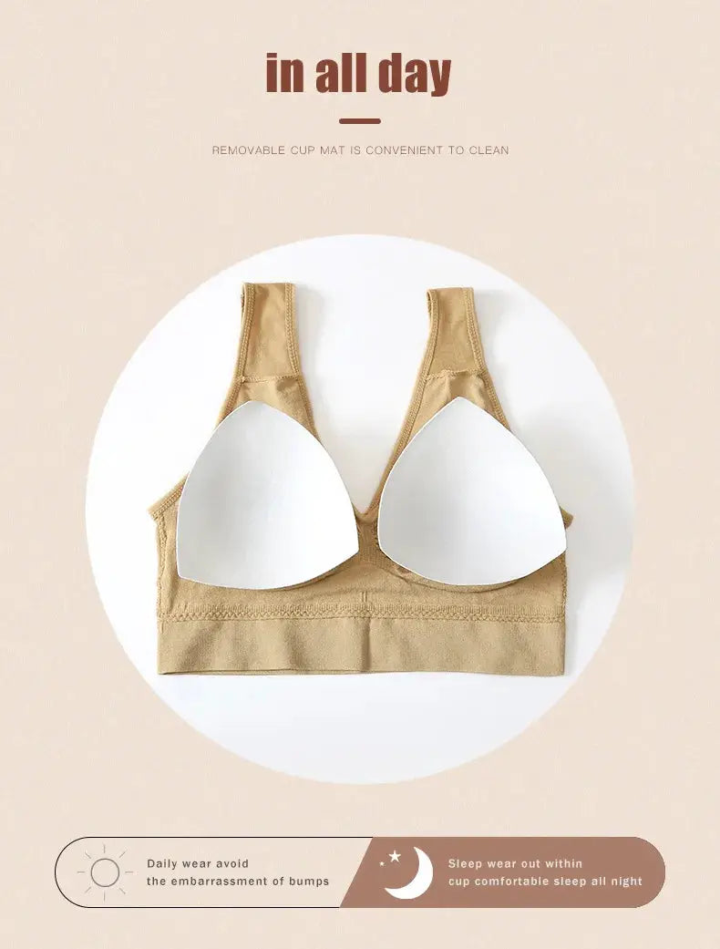 Beige wireless seamless bra with removable white cups by Simples Market