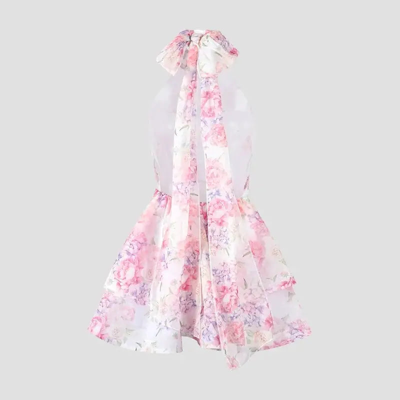 Floral Printed Backless Mini Dress Sleeveless A Line Party Clubwear