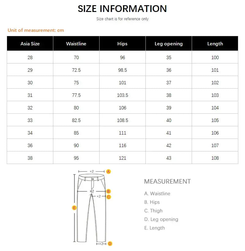 Simples Market Lyocell Ice Silk Jeans for men; ultra-thin, soft-drape jeans with size chart and measurement guide