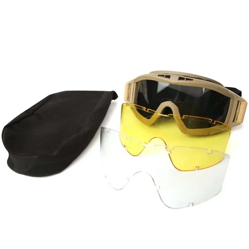 Simples Market airsoft tactical goggles with three interchangeable lenses (yellow, clear) in tan frame and carry bag