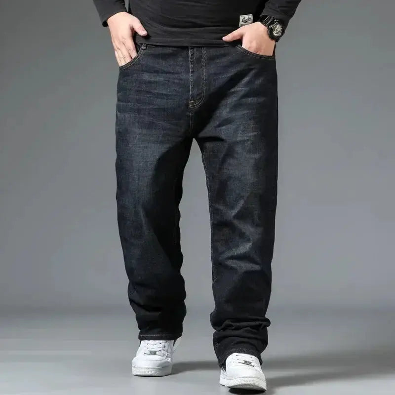 Simples Market men's oversized black denim jeans, high-waist loose fit, 10XL plus size
