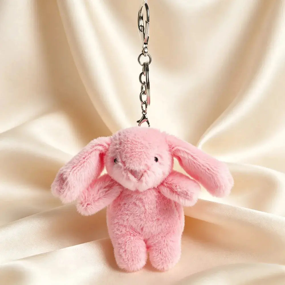 Cute pink plush rabbit keychain with metal chain and lobster clasp.