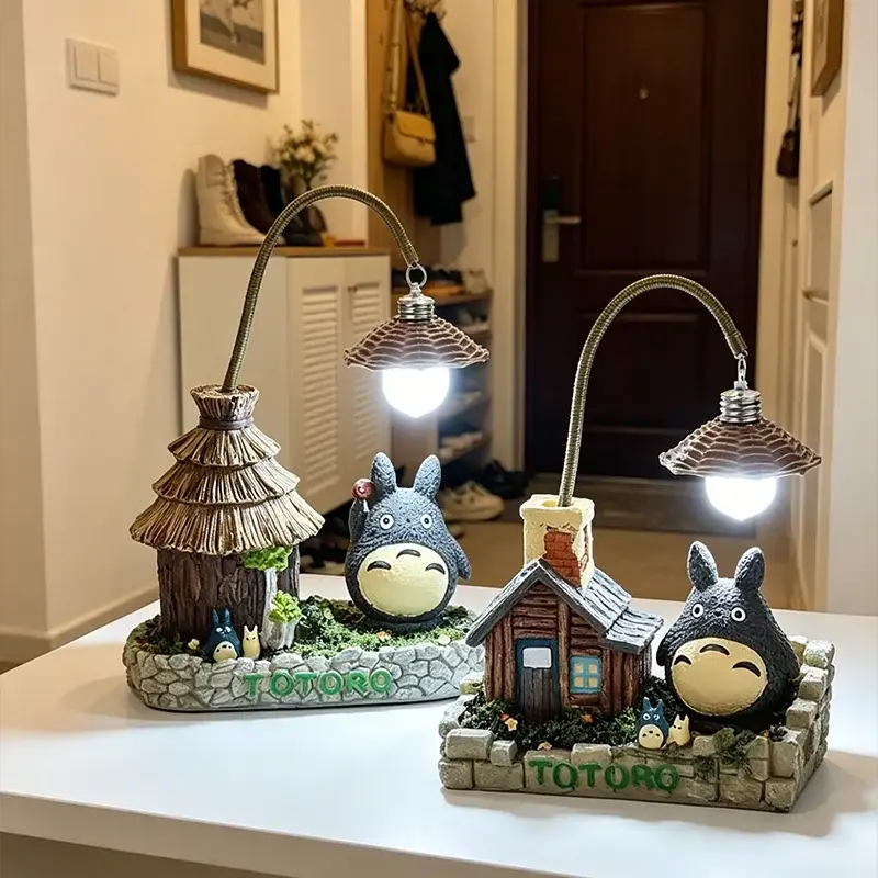 Totoro LED desk lamp set with two lighted figures and mushroom shade lamps on stone bases