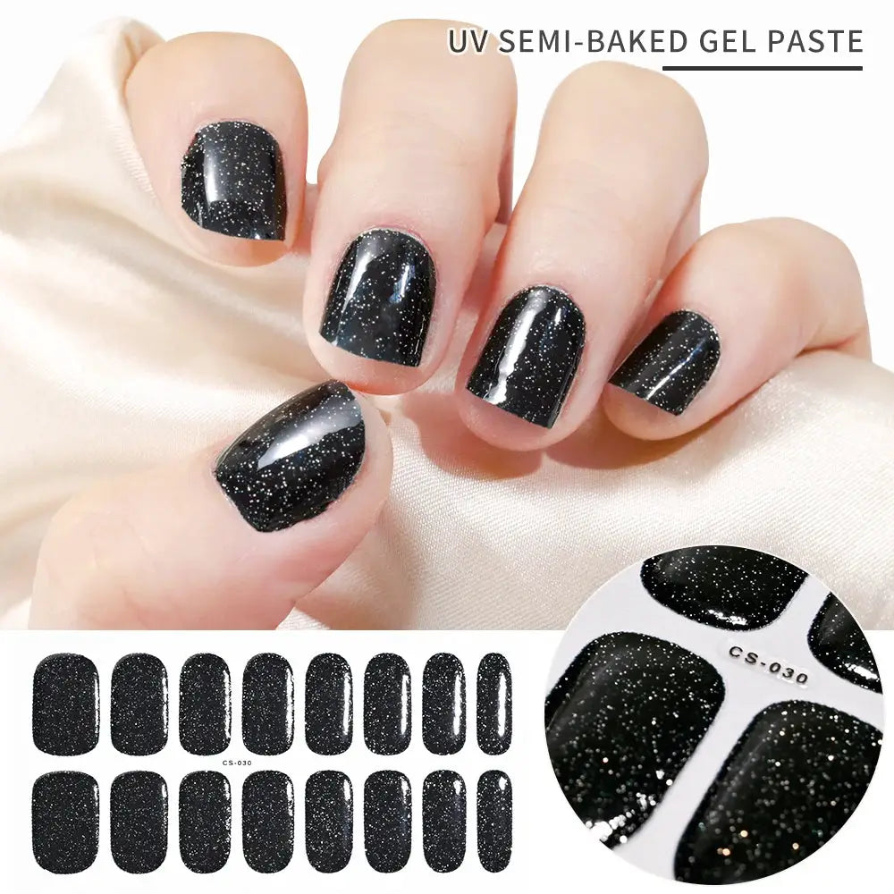 Simples Market gel nail wraps, black glitter, full-coverage UV-cured decals set