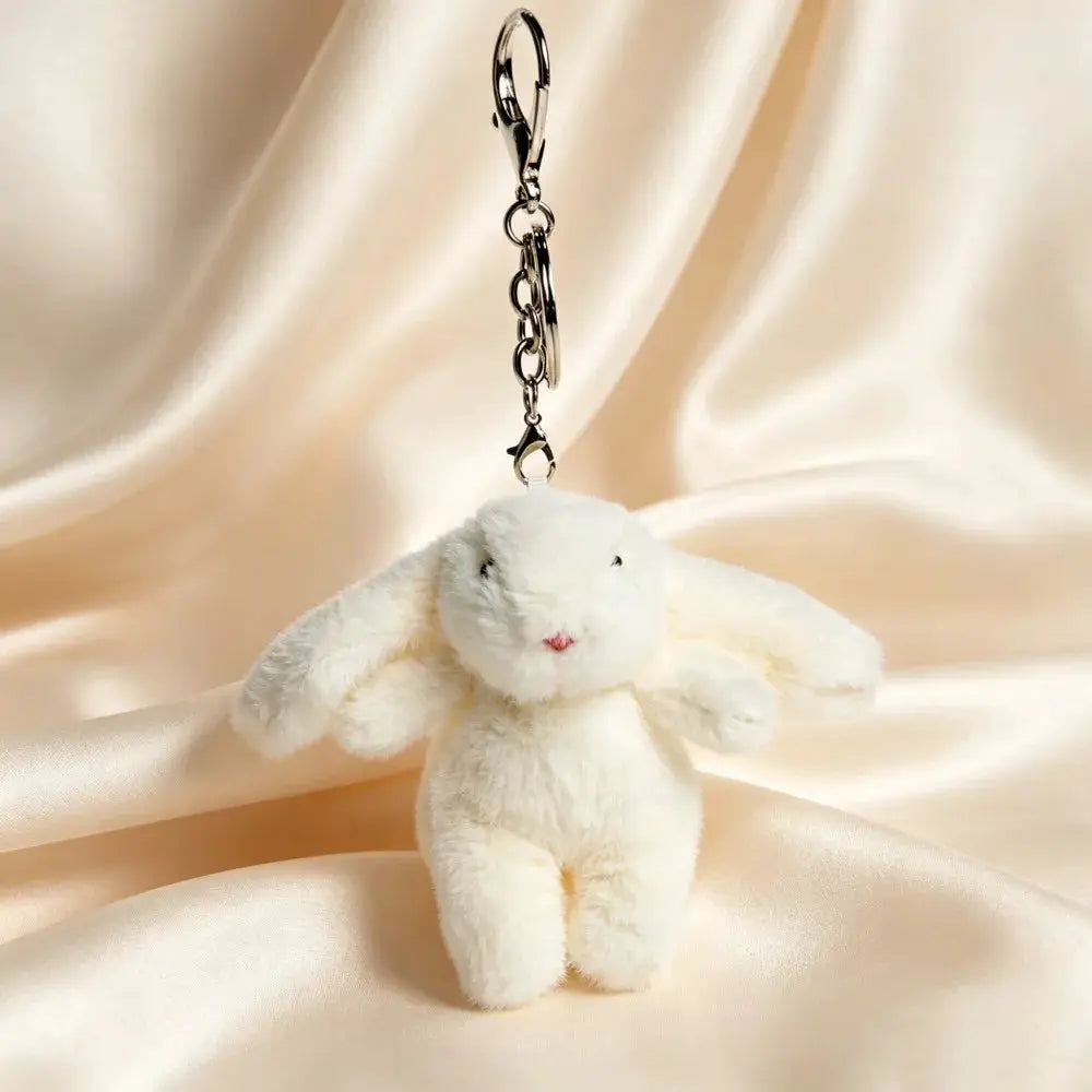 White plush cartoon rabbit keychain with silver chain and lobster clasp