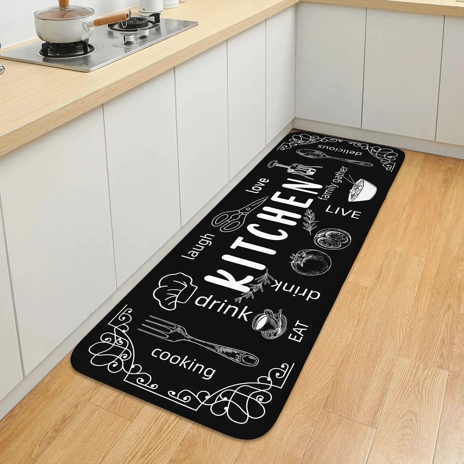 VIKAMA kitchen mat by Simples Market; long black non-slip absorbent rug with white chalkboard-style illustrations