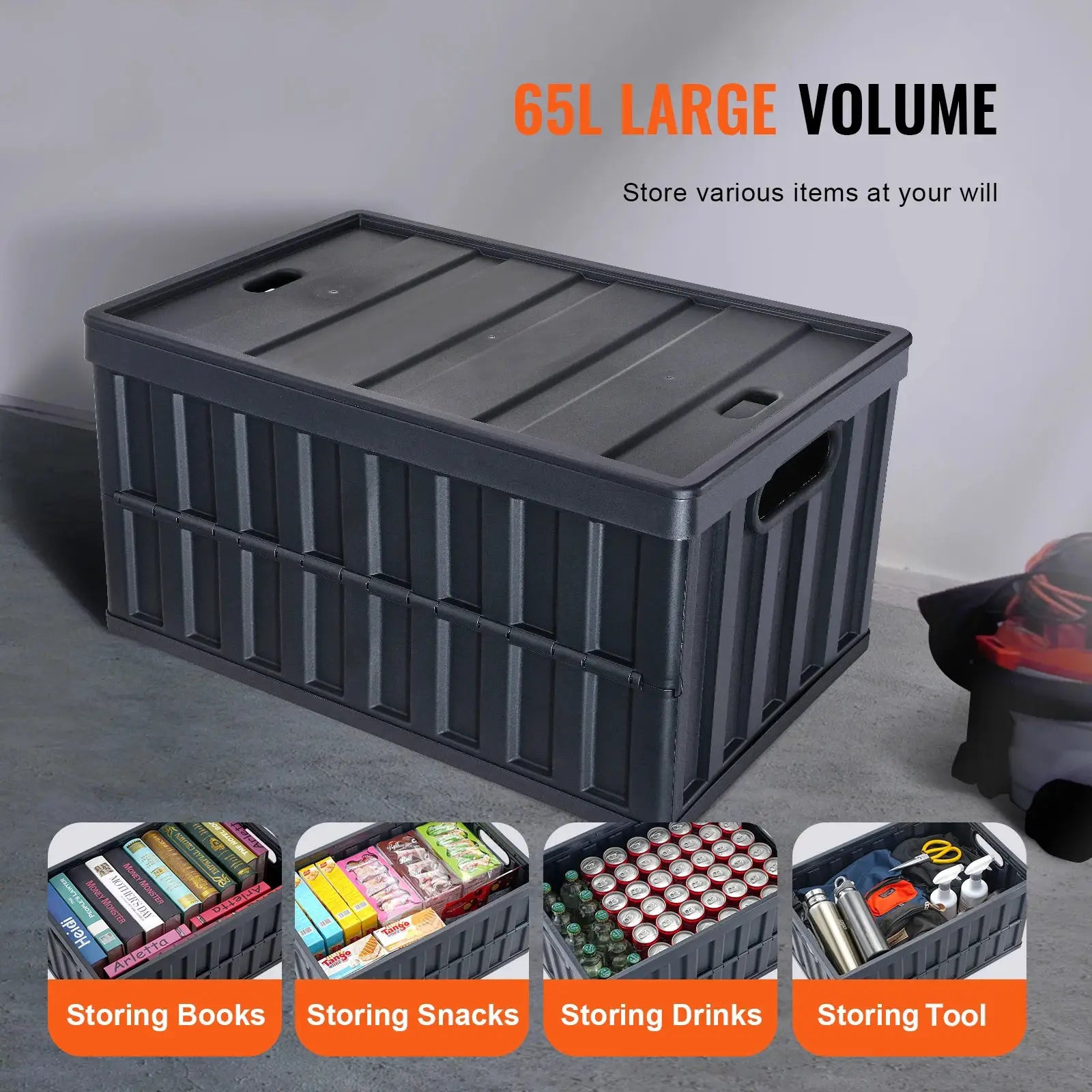SucceBuy Set of 3 Collapsible Storage Bins 45L 65L Folding Stackable Crates with Lids for Clothes Home Garage