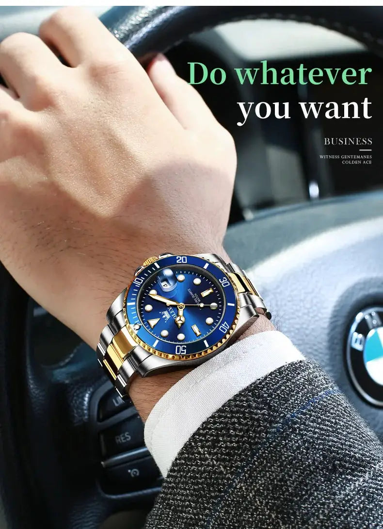 OLEVS 5885 men's watch with blue dial, two-tone stainless steel strap, date window, luminous markers, waterproof