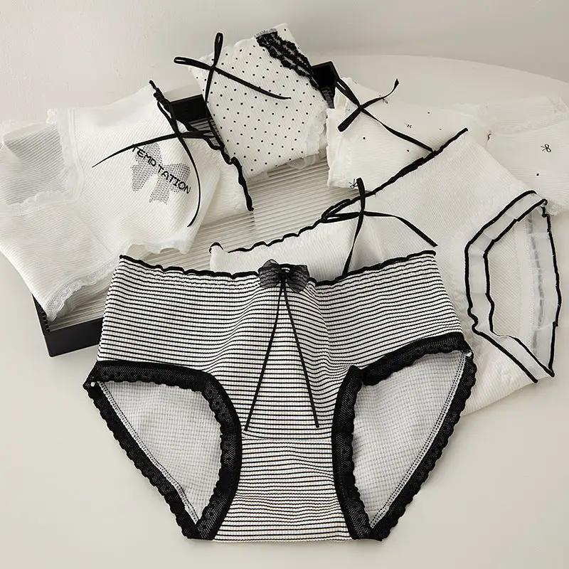 Simples Market M-XL women's striped lace-trim briefs with bows and black trim, set of underwear panties