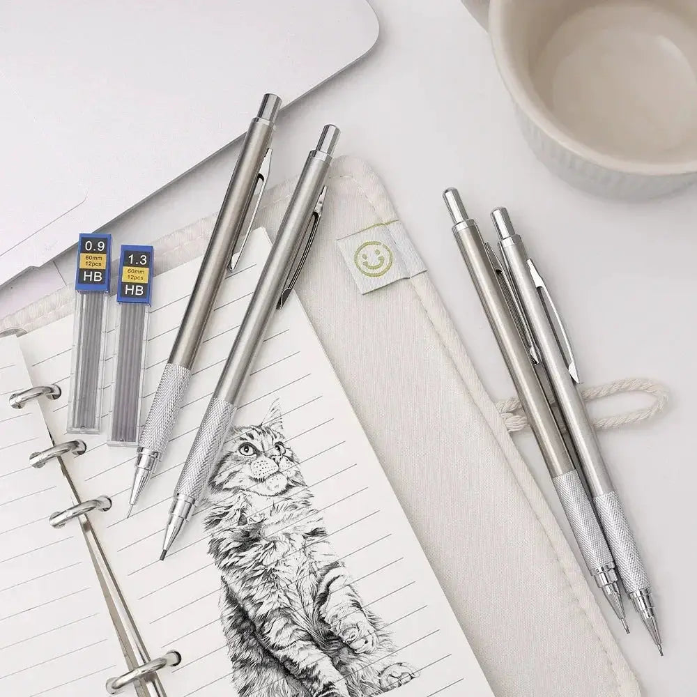 Metal mechanical pencil set with four silver pencils and HB lead refills (0.3–2.0 mm) for drafting and sketching