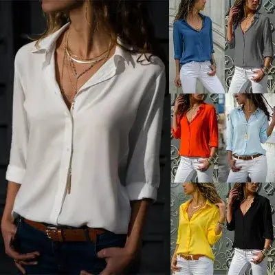 Women's polo-collar blouse with button-up front, shown in white plus 6 other colors (7 color options).