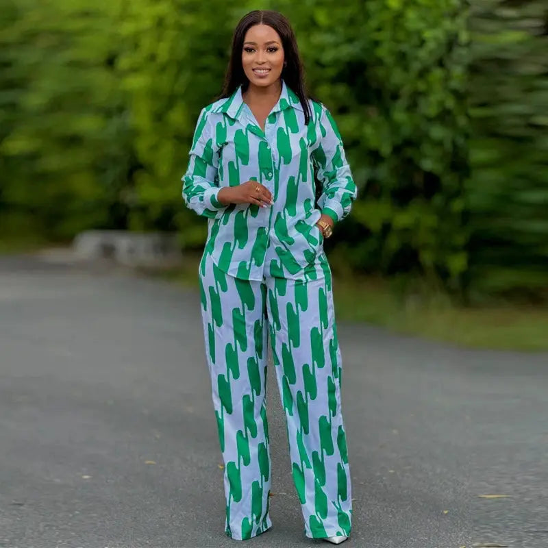 African Stripe Two Piece Set Women Spring Button Top Wide Leg Pants