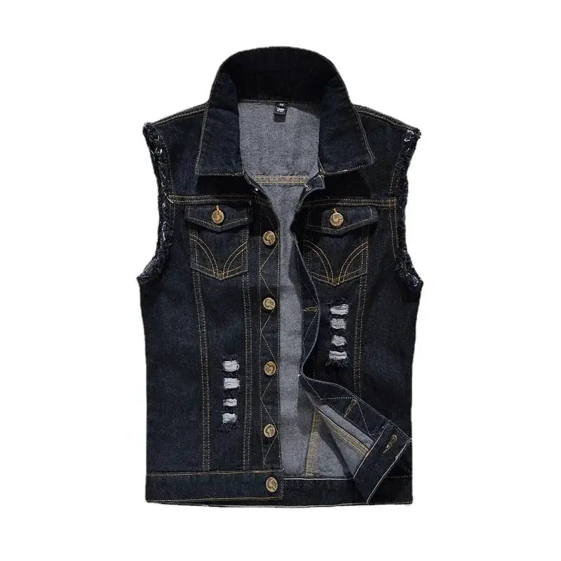 Men's denim vest jacket, dark blue ripped wash with contrast stitching, Simples Market
