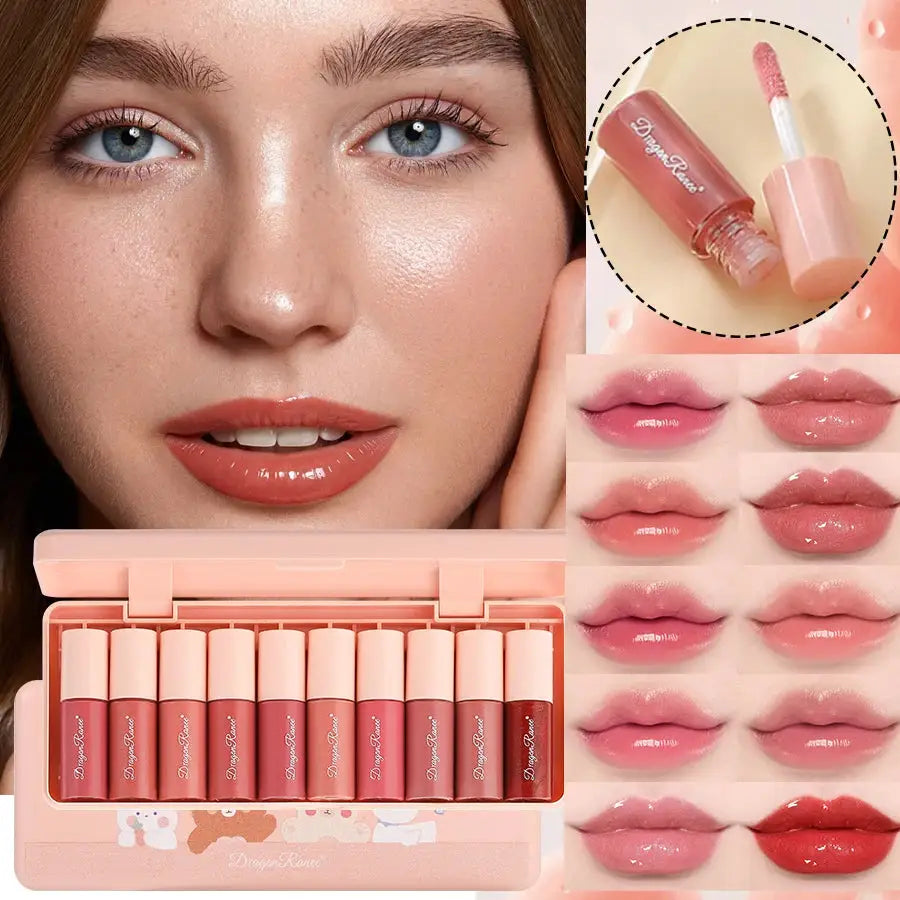 LuxeLips Set Of 10 Shimmer Lip Glosses Moisturizing Formula Non Sticky Long Lasting Pearlescent Shine